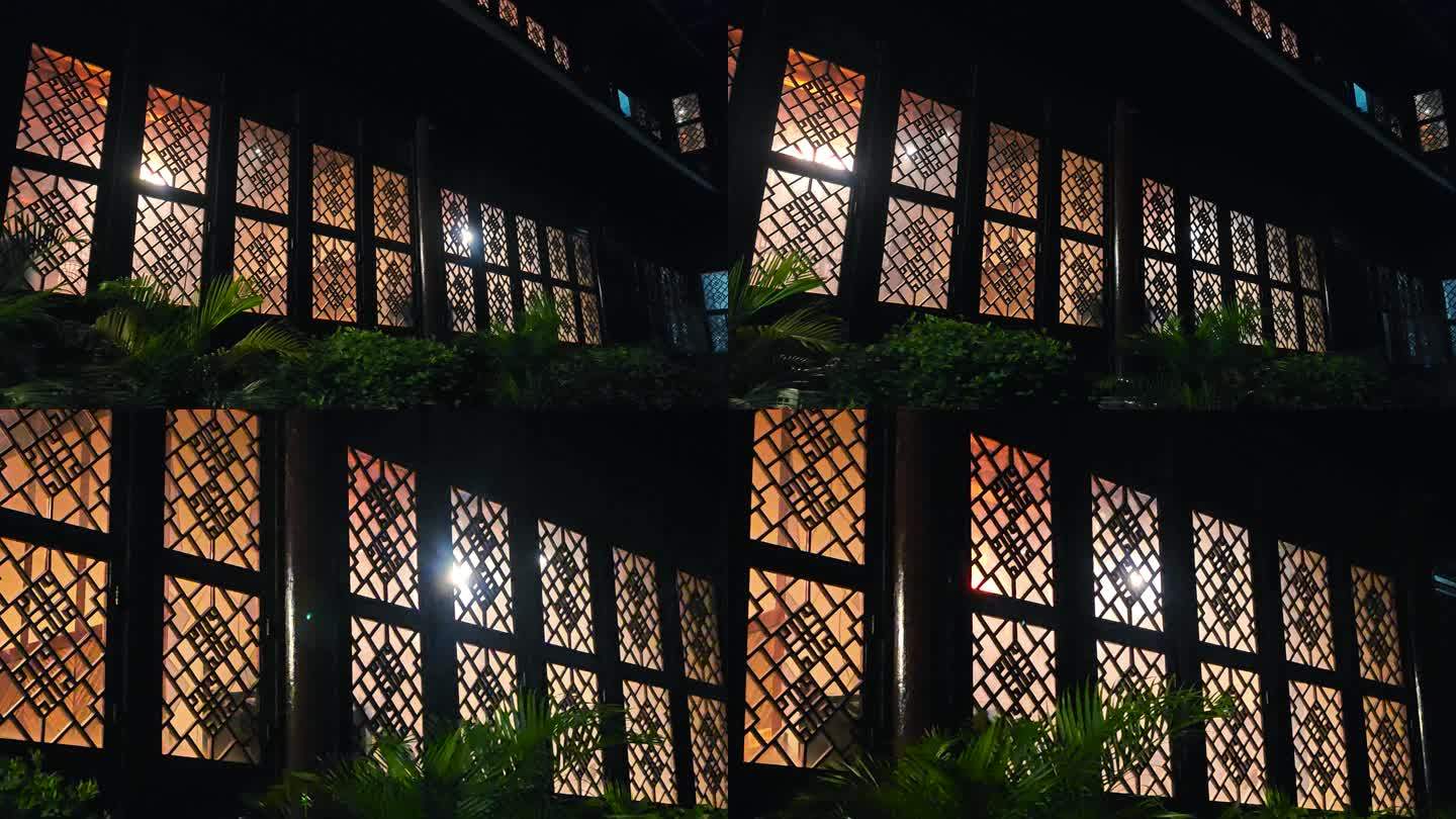 窗户亮灯晚上窗沿中式建筑中国风