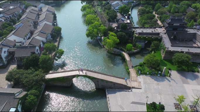 江南水乡苏州盘门景区小桥流水运河航拍