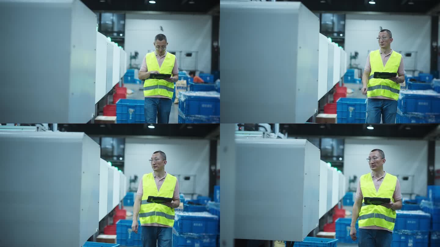 工程师在工厂车间使用平板电脑工作