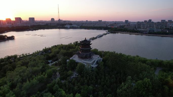 山东东营清风湖多宝塔日落晚霞夕阳