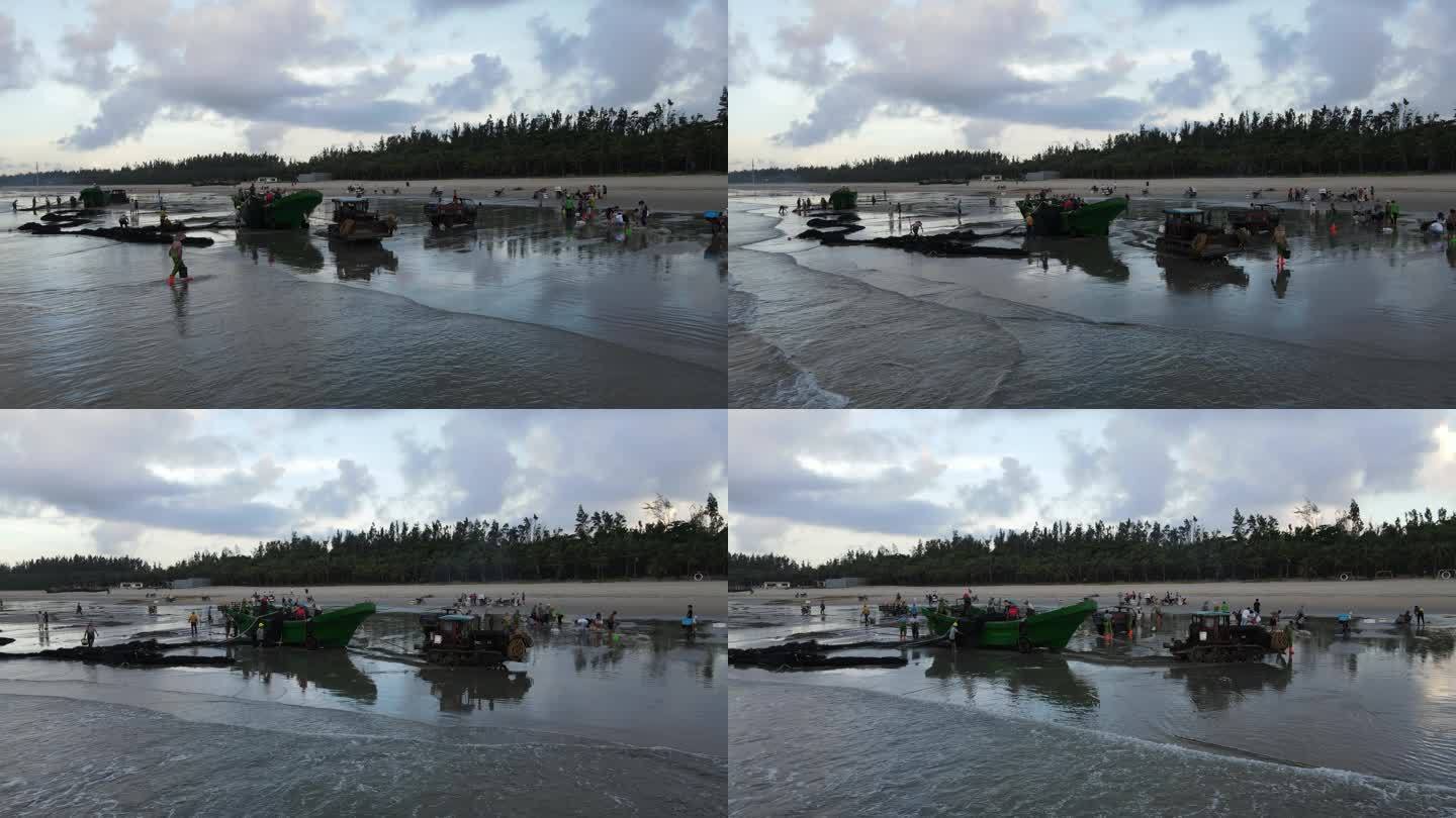 岸边沙滩渔船搁浅海鲜市场航拍