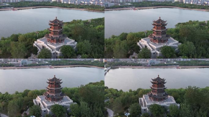 山东东营清风湖多宝塔日落晚霞夕阳