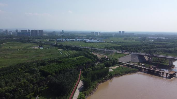 4K济南黄河桥湿地公园发展航拍