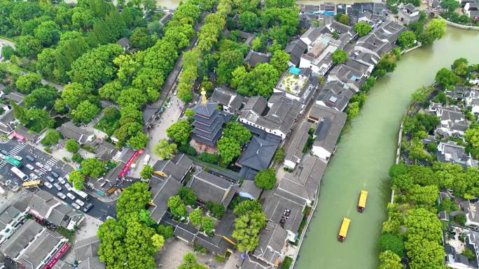 江苏苏州市姑苏区寒山寺风景风光航拍江南水