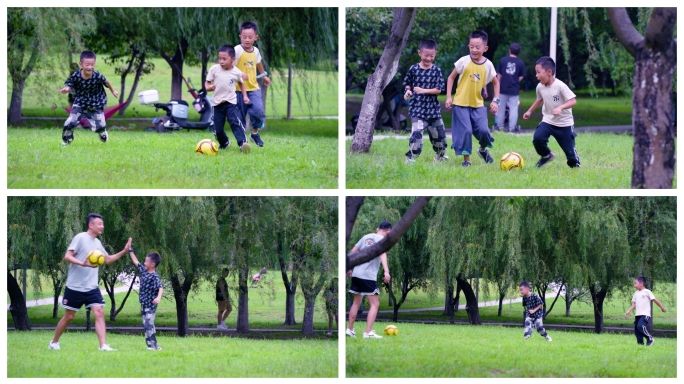 孩子在草坪上踢球