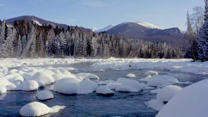 4K冬季雪景溪流，新疆雪景，长白山，雪球