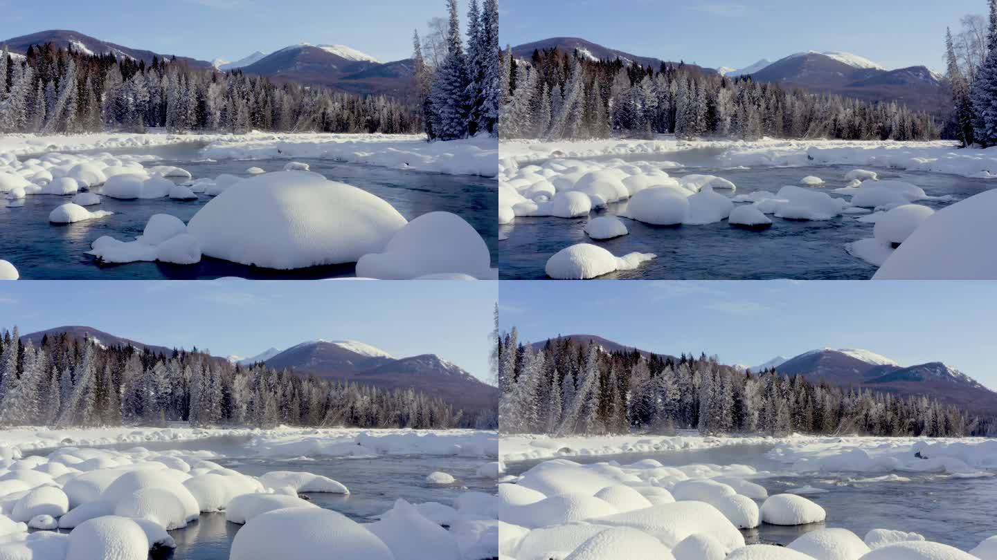 4K冬季雪景溪流，新疆雪景，长白山，雪球