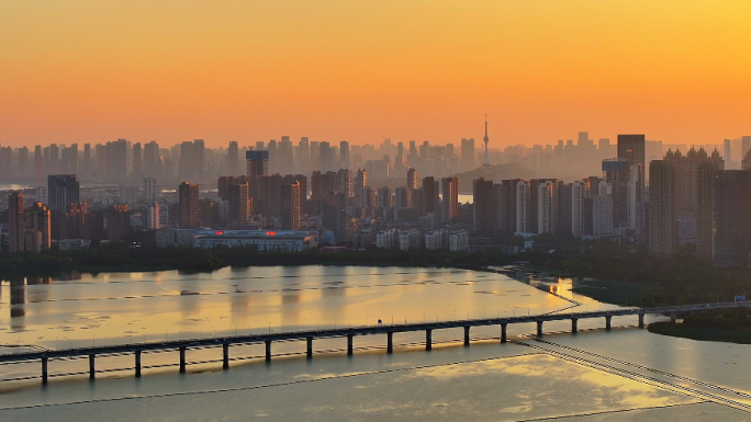 4K武汉沙湖落日晚霞 城市大景 夕阳剪影