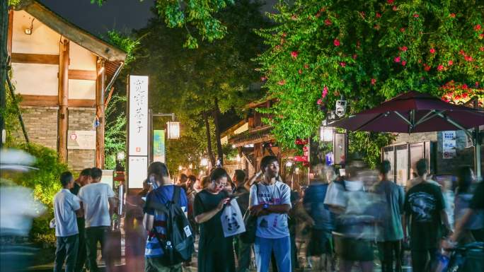 四川成都宽窄巷子商业街道夜景人流延时