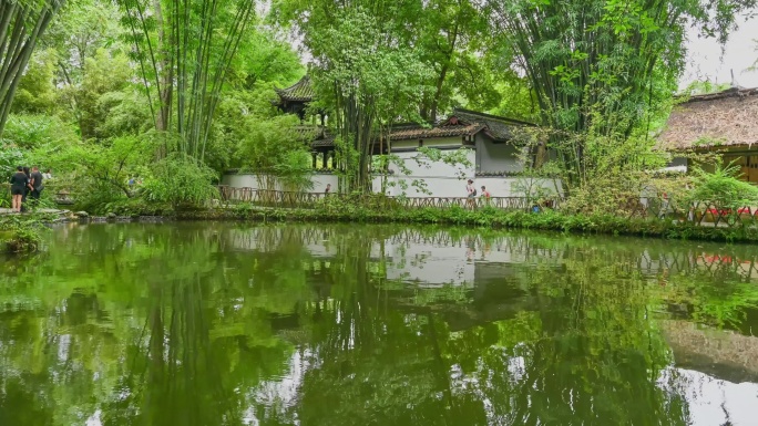 四川成都杜甫草堂竹林湖泊茅草屋光影延时