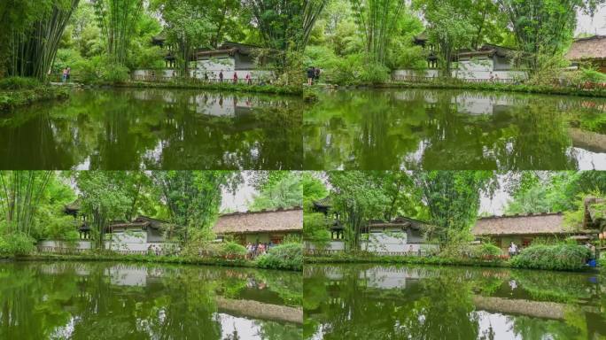 四川成都杜甫草堂竹林湖泊茅草屋光影延时