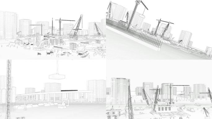 4K城市建设建筑工地蓝图建筑生长