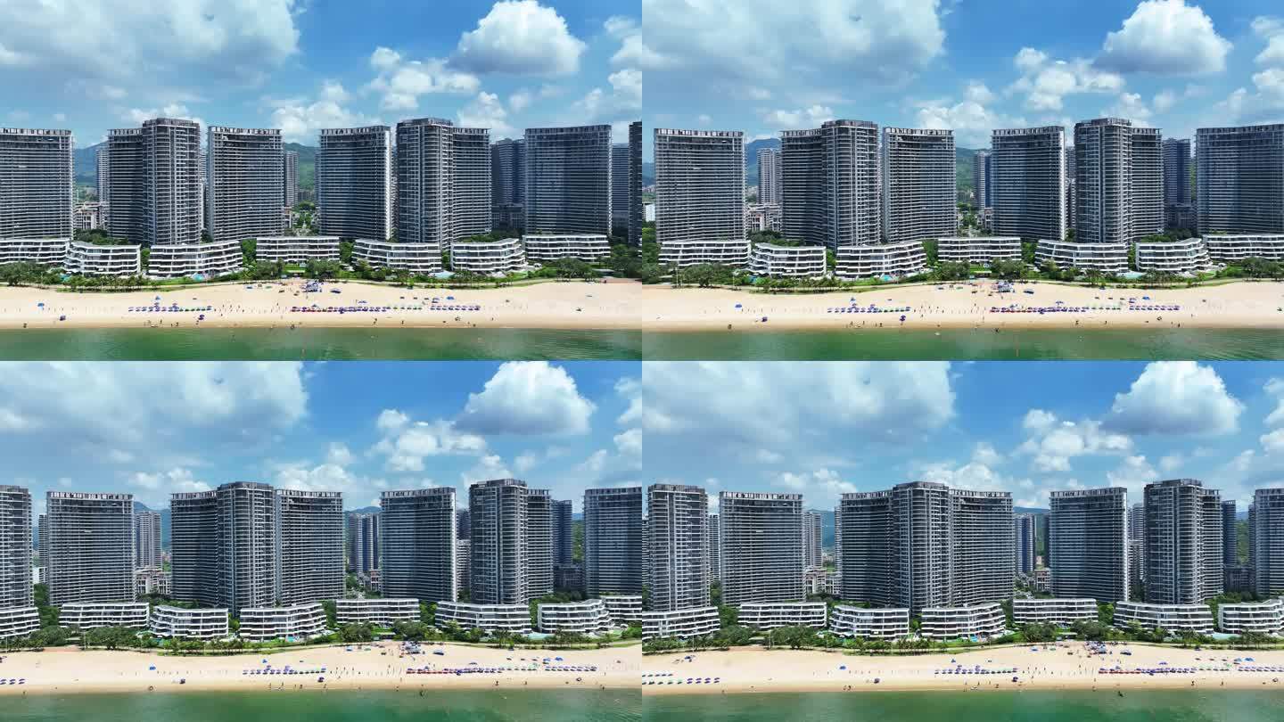 航拍广东惠州海岸线沙滩海景房小区建筑群