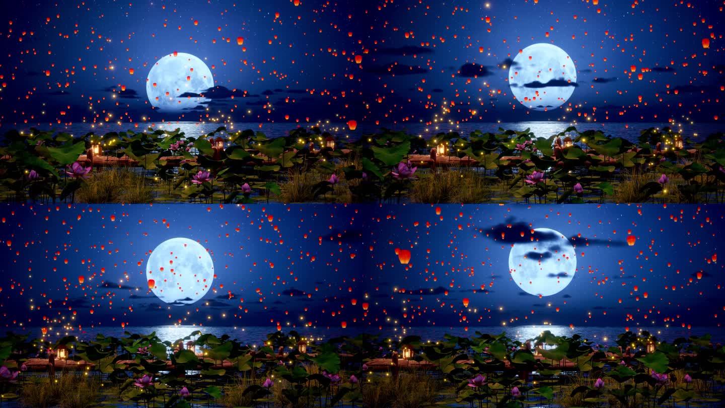 唯美孔明灯海面月亮舞台背景视频