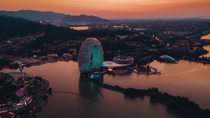 航拍湖州喜来登月亮酒店灯光秀航拍月亮湾