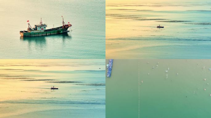 4k航拍清澈大海渔船天空空镜