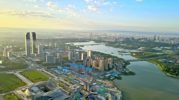 银川花博园、阅海湾清晨日出唯美航拍，