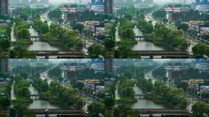 延时 雨中 护城河 车流