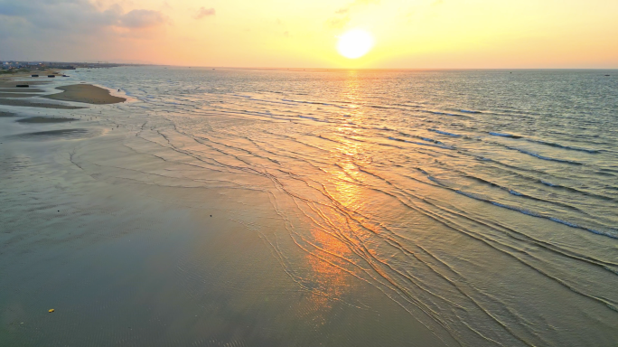 4K清晨海上日出养殖海带夕阳海滩海鸥飞翔