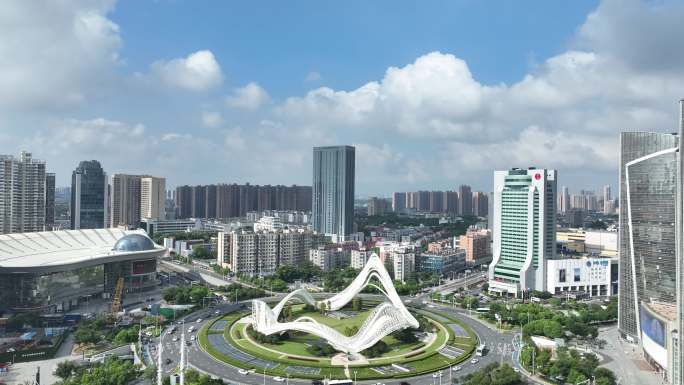 武汉光谷国际广场航拍交通车流转盘俯拍道路