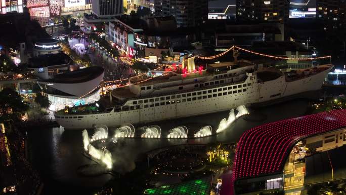 深圳南山区海上世界音乐喷泉夜景航拍