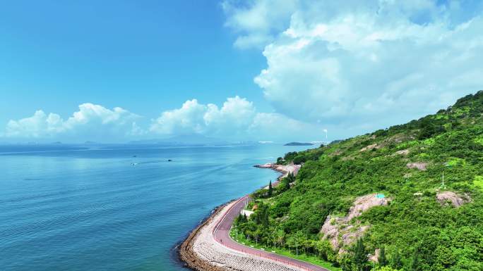 航拍广东惠州蓝色海岸线绿道自然海景