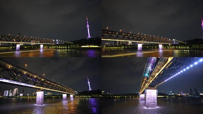 4K游轮穿越武汉长江大桥夜景空镜