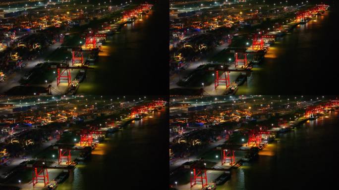 航拍长江龙潭港集装箱货运车辆货轮塔吊夜景