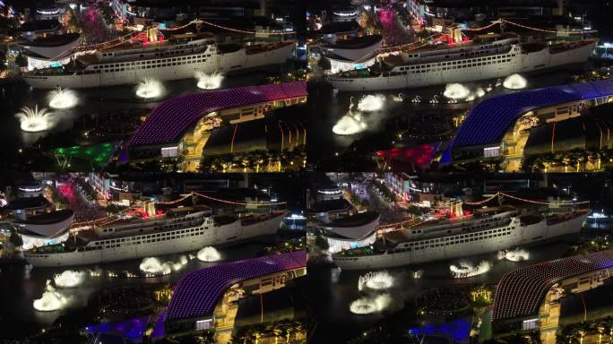 深圳南山区海上世界音乐喷泉夜景航拍
