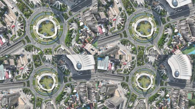 武汉光谷国际广场航拍交通车流转盘俯拍道路