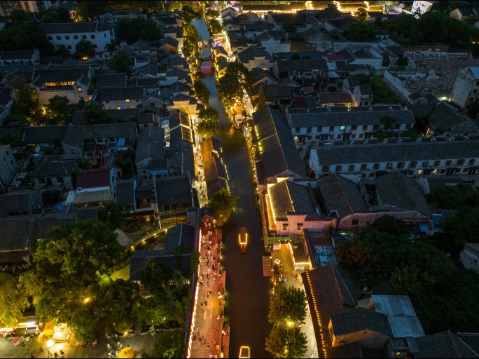 南浔古镇夜景沿河延时航拍