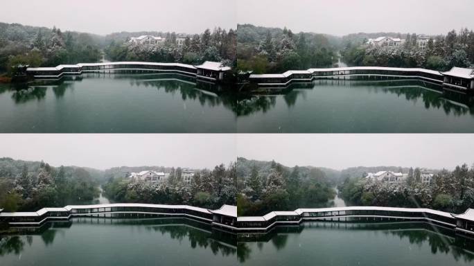 航拍杭州西湖景区浴鹄湾霁虹桥雪景