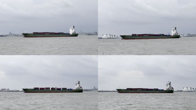长江入海口附近的集装箱货轮和港口码头