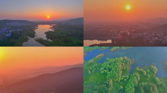 航拍层峦叠嶂的黑峪水库霞光