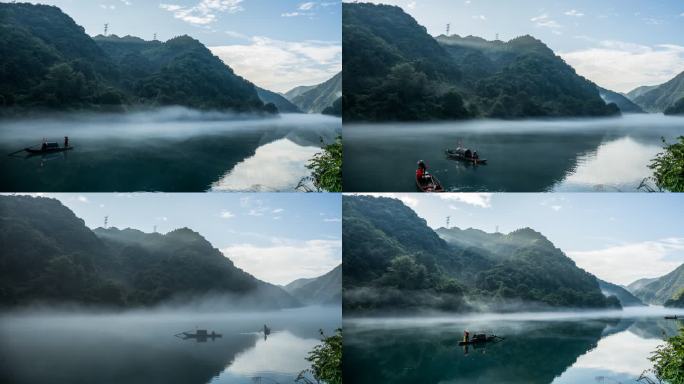 东江湖渔民在晨雾中划船撒网捕鱼雾漫小东江