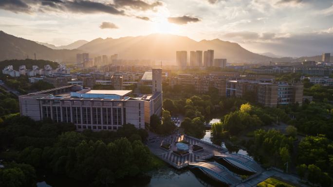 福州大学图书馆日落航拍空镜宣传片