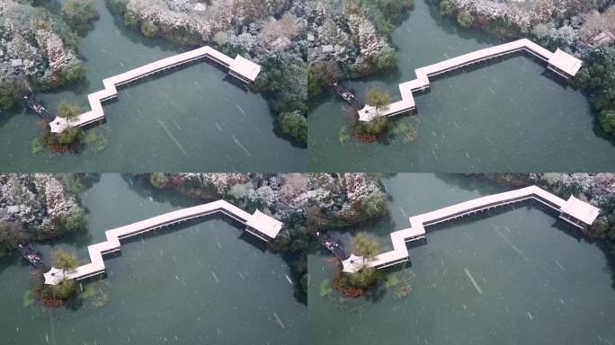 航拍杭州西湖景区浴鹄湾霁虹桥雪景