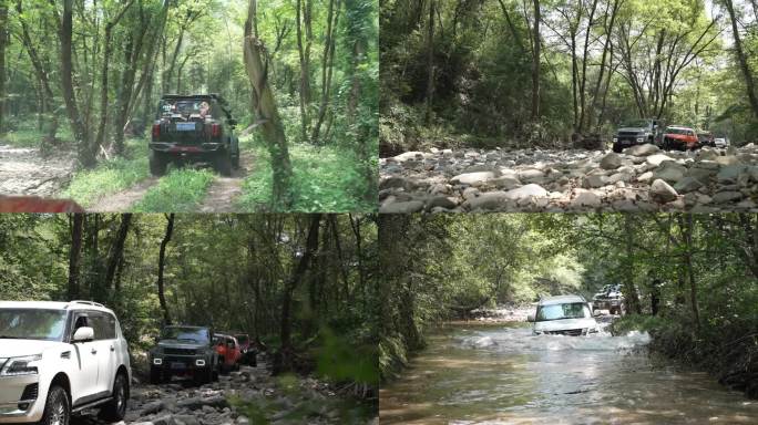 越野车丛林穿越涉水河道穿越第一视角