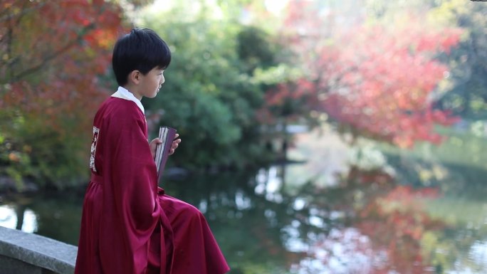 穿汉服的男孩 杭州西湖花港观鱼