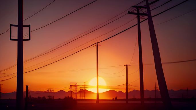 卡通风格夕阳 电线杆