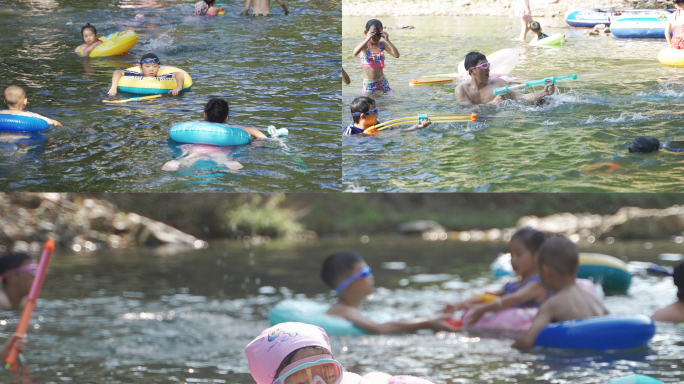 【4K】小朋友夏日在农村乡下快乐戏水游泳