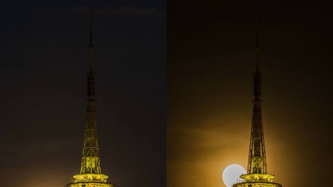 穿月-澳门电视塔观光塔月亮升起的壮丽景象