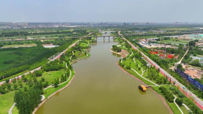 航拍 陕西 咸阳 沣河金湾公园 沣河
