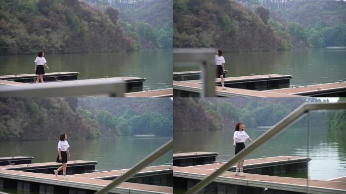 女生在湖边散步走路呼吸新鲜空气