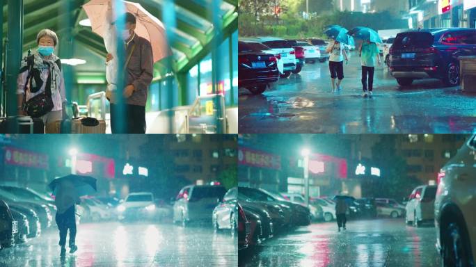 城市雨夜 孩子雨中奔跑