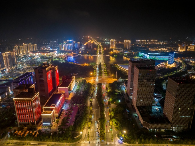 航拍扬州明月湖新城延时摄影夜景