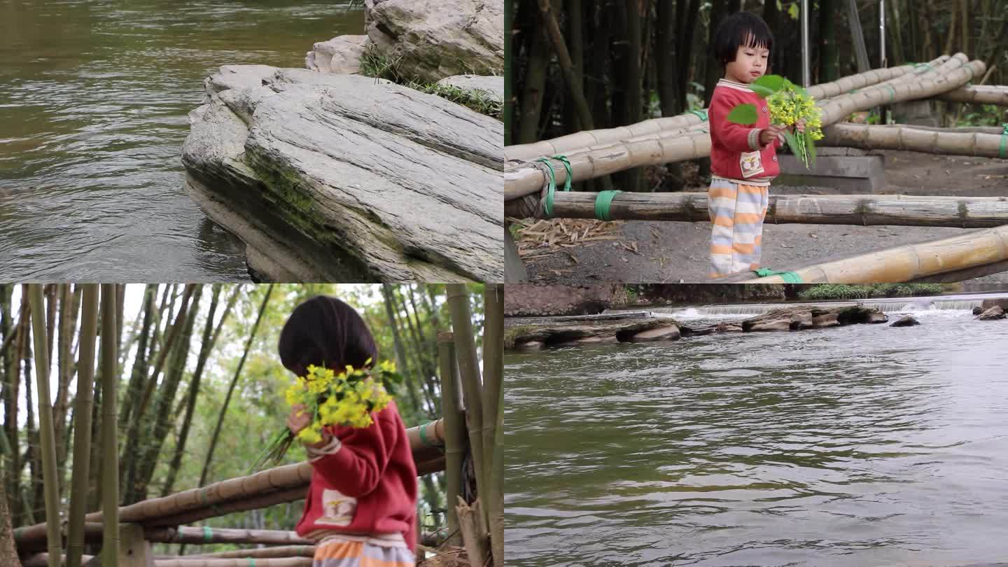 人像摄影 小孩 户外 江水 溪流 玩菜花