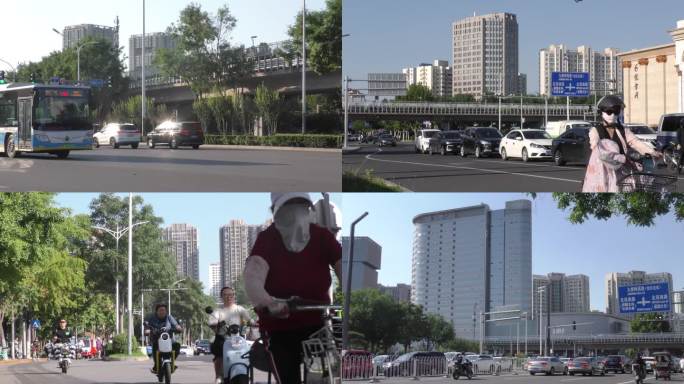 骑行行人车流人流过马路上班族忙碌都市生活