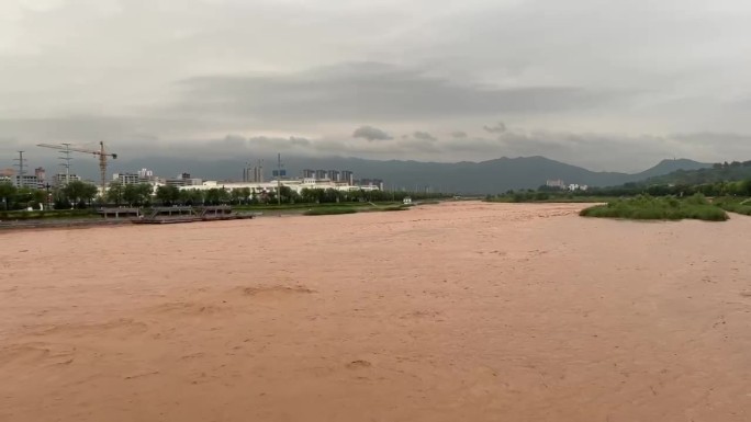 暴雨后的河水涨势迅猛