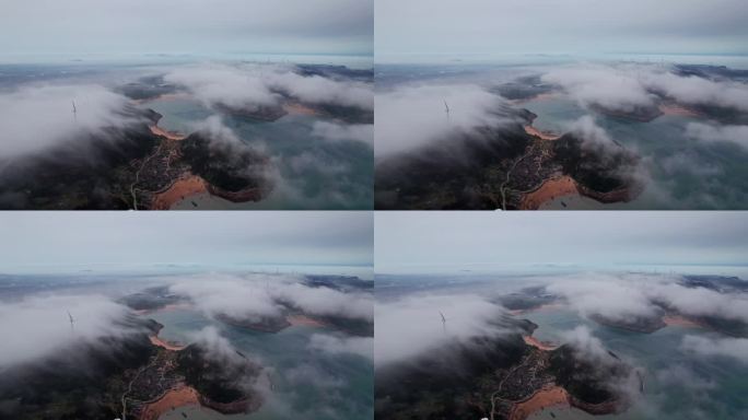 福建平潭海岛平流雾风光航拍空镜